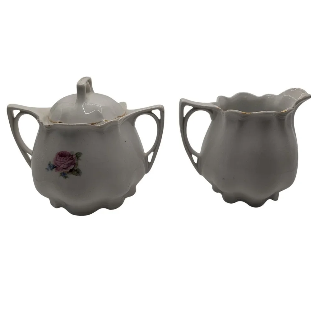 Vintage Cream and Lidded Sugar Set Floral Rose Scalloped Germany Mid Century SEE